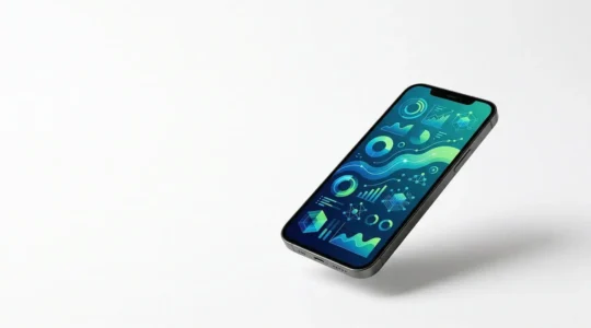 Application mobile de néo-assurance affichée sur un smartphone moderne avec interface intuitive et graphiques de données