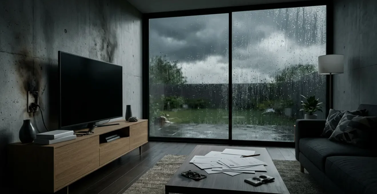 Salon moderne après orage avec télévision éteinte et traces de surtension électrique