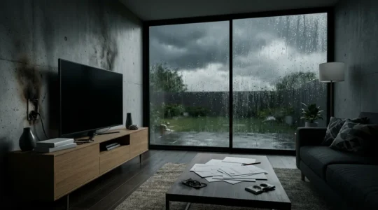 Salon moderne après orage avec télévision éteinte et traces de surtension électrique