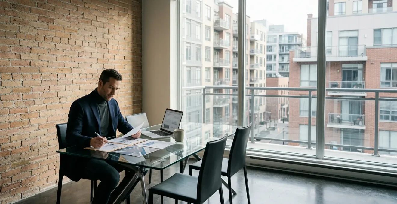 Propriétaire consultant des documents d'assurance dans un appartement moderne en copropriété