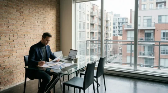 Propriétaire consultant des documents d'assurance dans un appartement moderne en copropriété