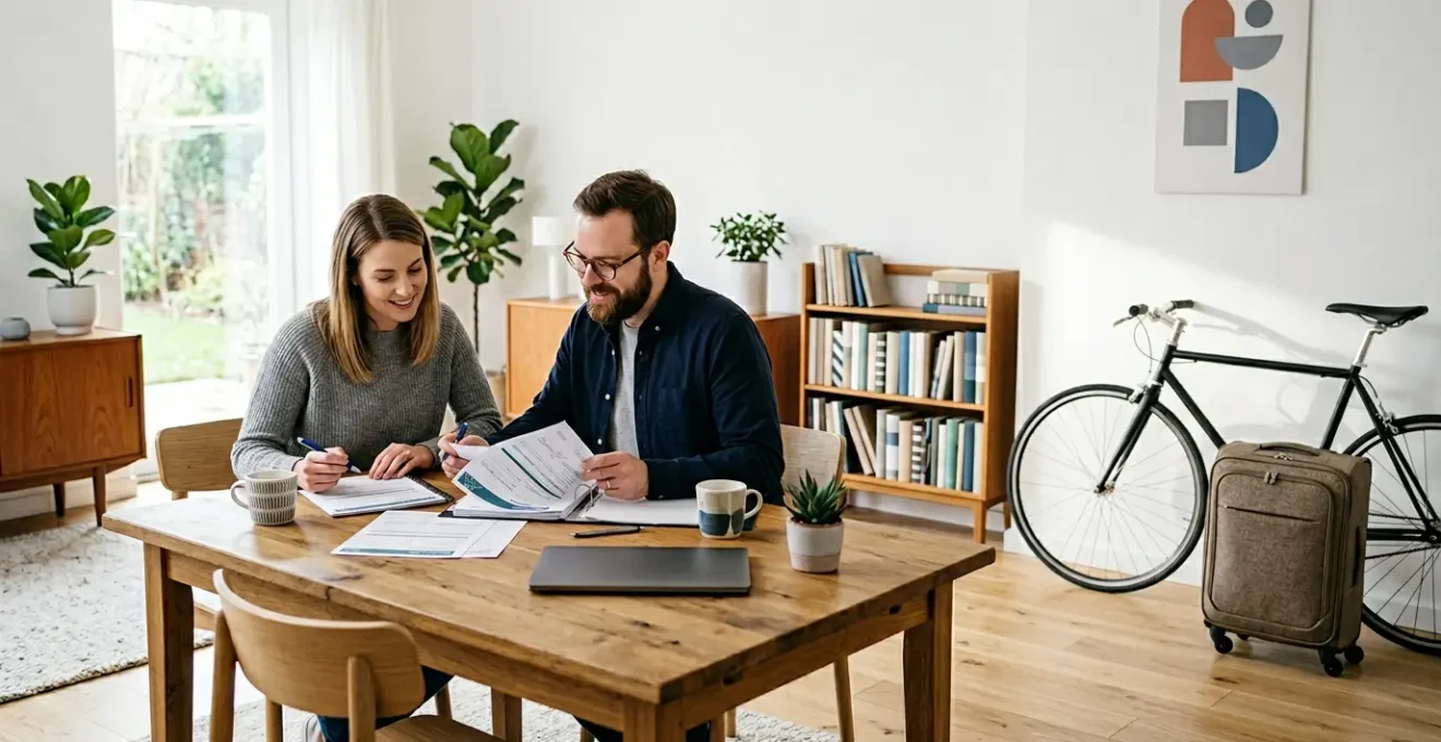 Couple consultant des documents d'assurance habitation dans un salon lumineux avec vélo et valise en arrière-plan