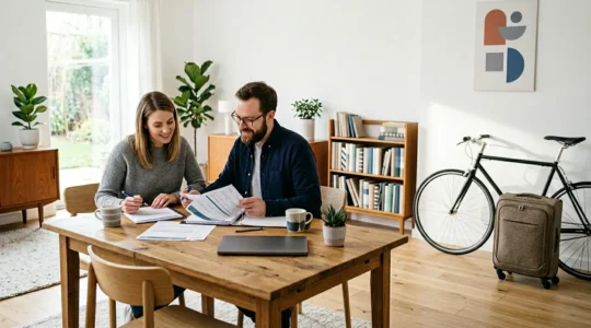 Couple consultant des documents d'assurance habitation dans un salon lumineux avec vélo et valise en arrière-plan