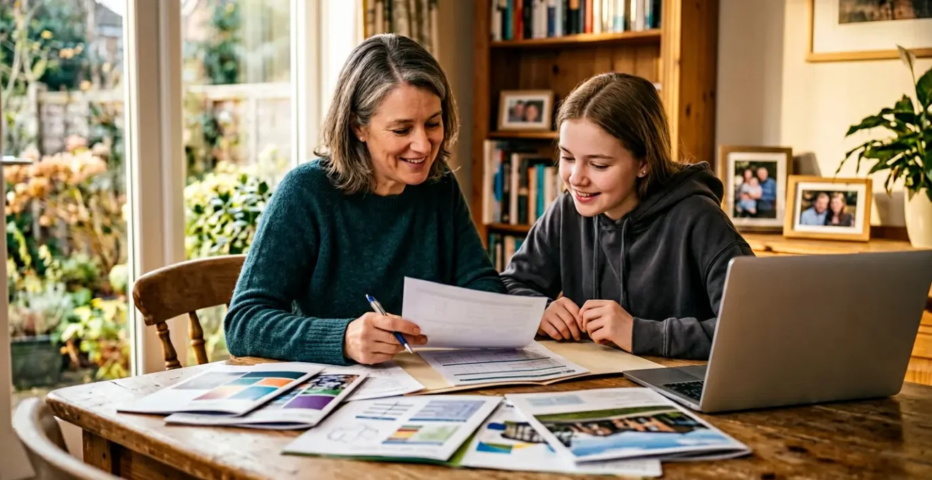 Famille regardant des documents financiers avec ordinateur portable et calculatrice dans un salon lumineux