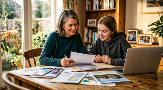 Famille regardant des documents financiers avec ordinateur portable et calculatrice dans un salon lumineux