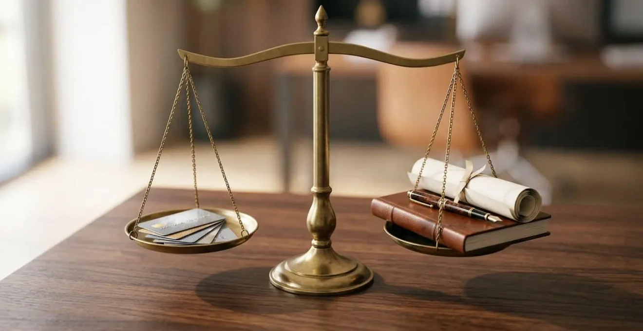 Balance de justice entourée d'un côté par des cartes bancaires et de l'autre par des documents juridiques, symbolisant le choix entre protection juridique de carte bancaire et assurance autonome