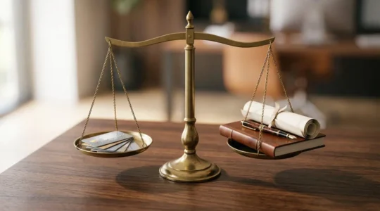 Balance de justice entourée d'un côté par des cartes bancaires et de l'autre par des documents juridiques, symbolisant le choix entre protection juridique de carte bancaire et assurance autonome