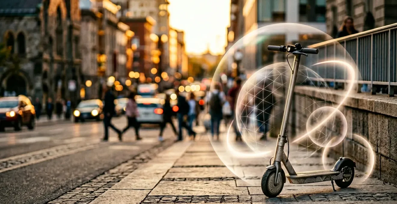 Scène urbaine avec trottinette électrique et symboles de protection assurance