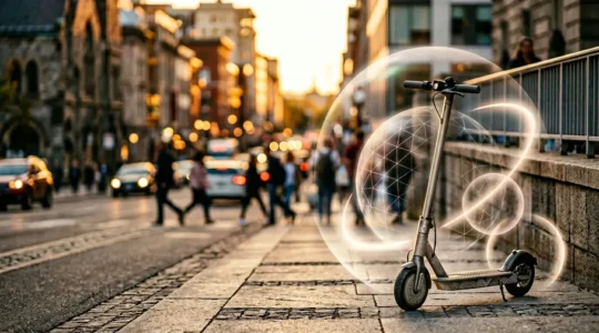 Scène urbaine avec trottinette électrique et symboles de protection assurance