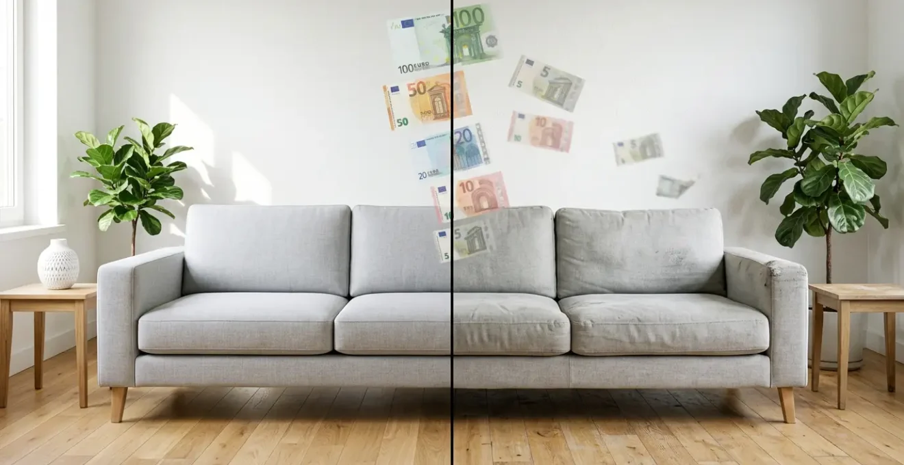 Comparaison visuelle entre un canapé neuf moderne et un canapé usagé avec des signes de vétusté dans un intérieur contemporain