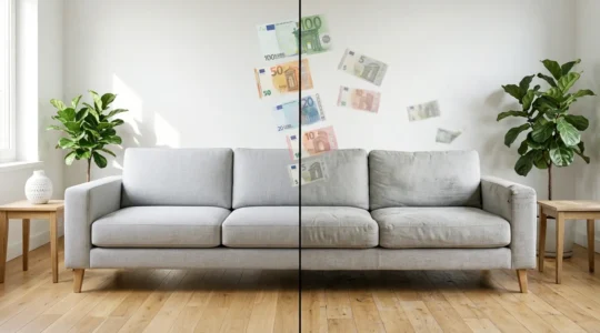 Comparaison visuelle entre un canapé neuf moderne et un canapé usagé avec des signes de vétusté dans un intérieur contemporain