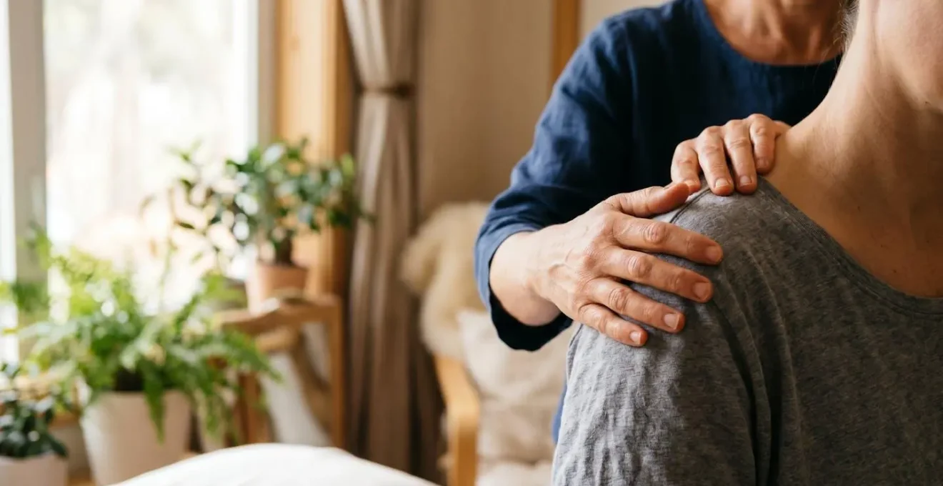 Mains de praticien en médecine douce avec environnement thérapeutique flou