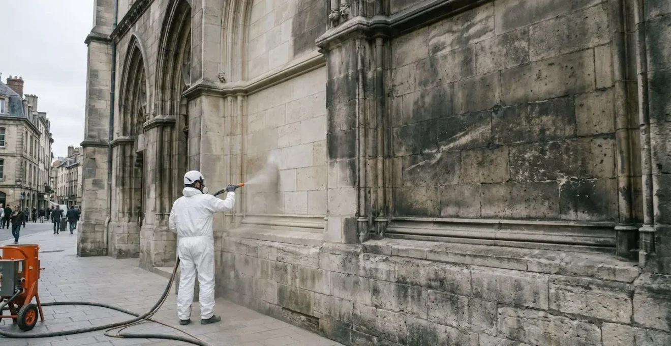 Professionnel utilisant une machine d'aérogommage pour nettoyer un mur en pierre