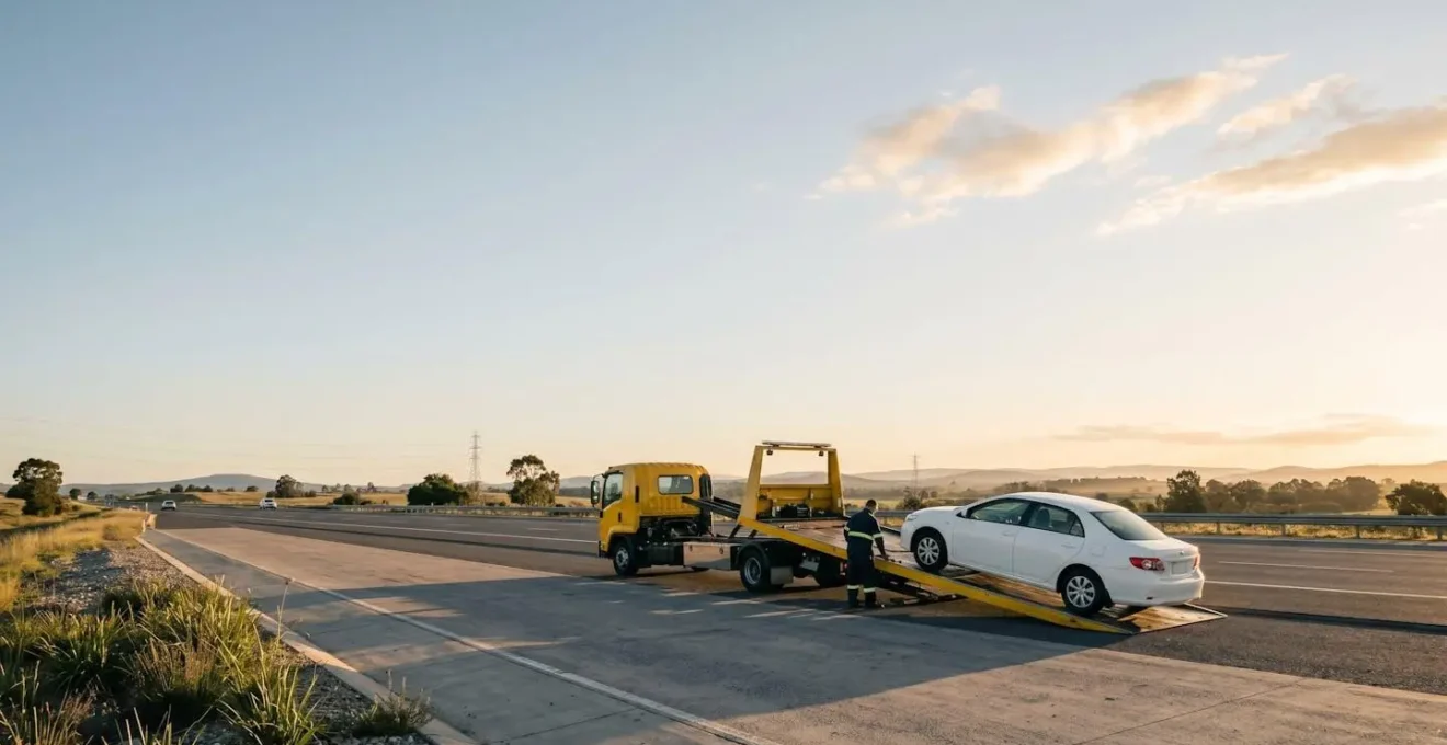 Dépanneuse remorquant une voiture sur autoroute au coucher du soleil