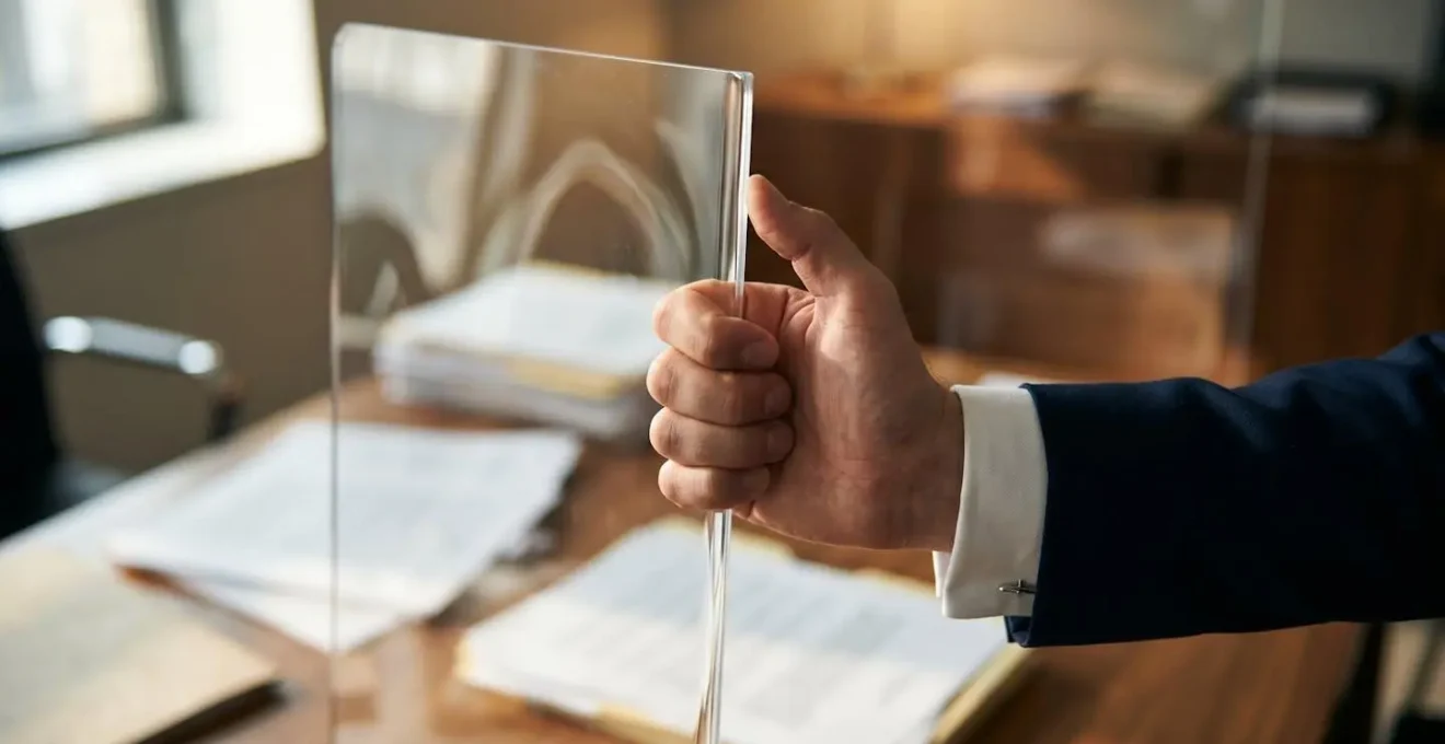 Main tenant un bouclier transparent devant un bureau avec documents juridiques flous en arrière-plan