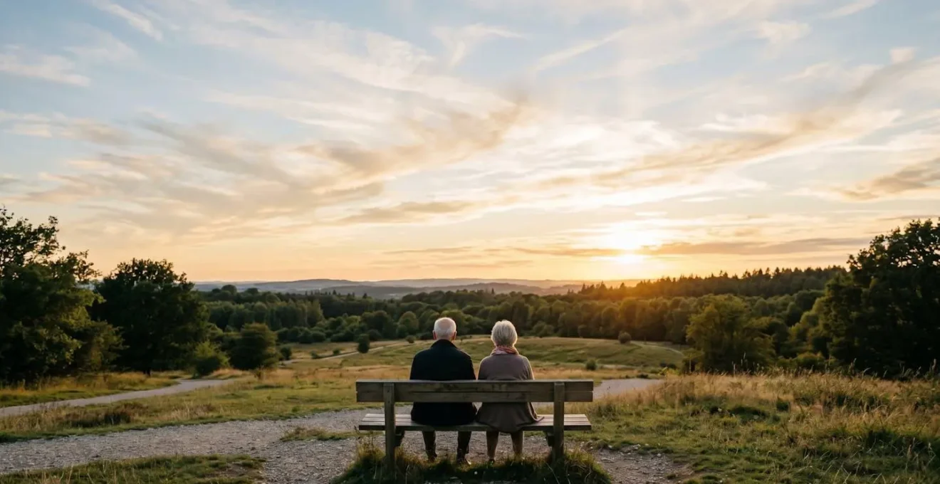 Couple senior regardant l'horizon depuis un banc dans un parc verdoyant