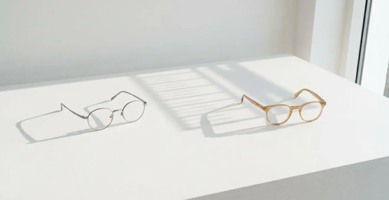 Composition minimaliste montrant deux paires de lunettes sur un calendrier suggéré par des ombres