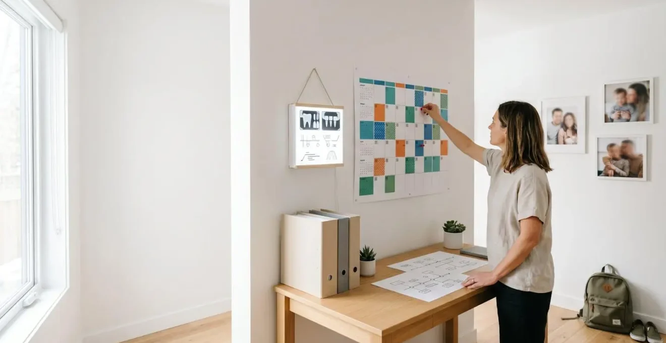 Vue large d'un bureau familial avec calendrier mural et documents de planification sans texte visible