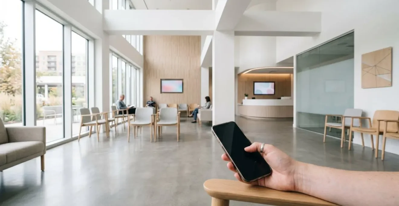 Main tenant un smartphone avec application santé dans un environnement médical moderne