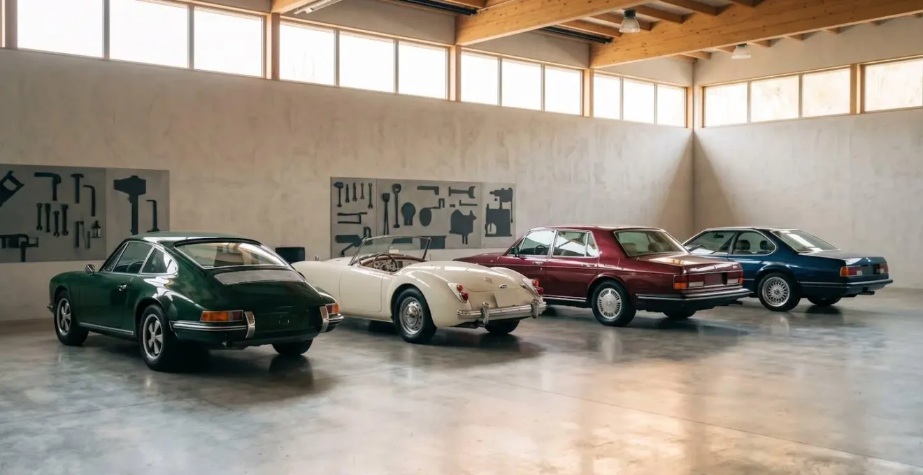 Collection de voitures anciennes alignées dans un garage spacieux avec éclairage naturel