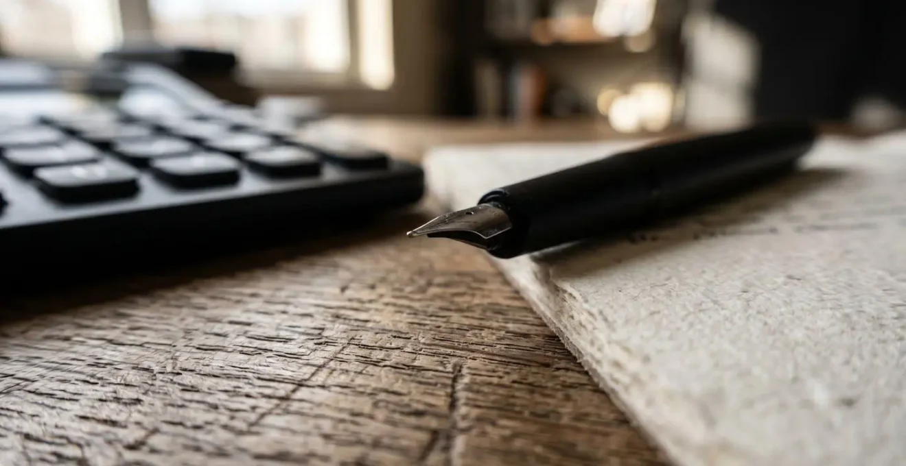 Vue macro de documents financiers avec calculatrice et stylo posés sur une table en bois