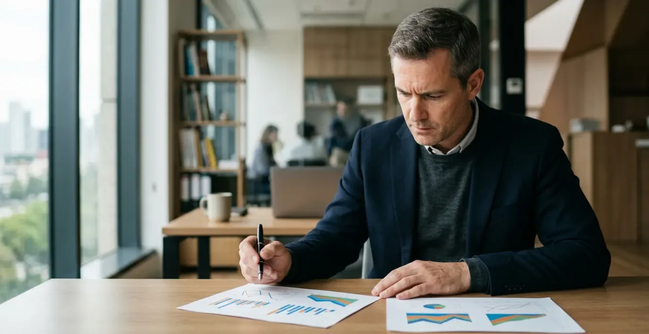 Un investisseur examine des documents financiers avec des graphiques de performance dans un bureau moderne