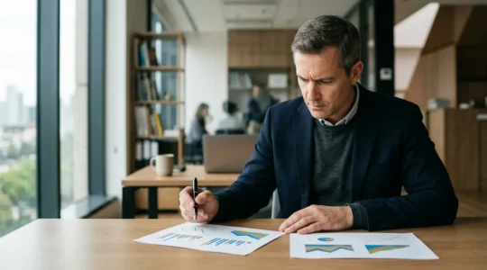 Un investisseur examine des documents financiers avec des graphiques de performance dans un bureau moderne