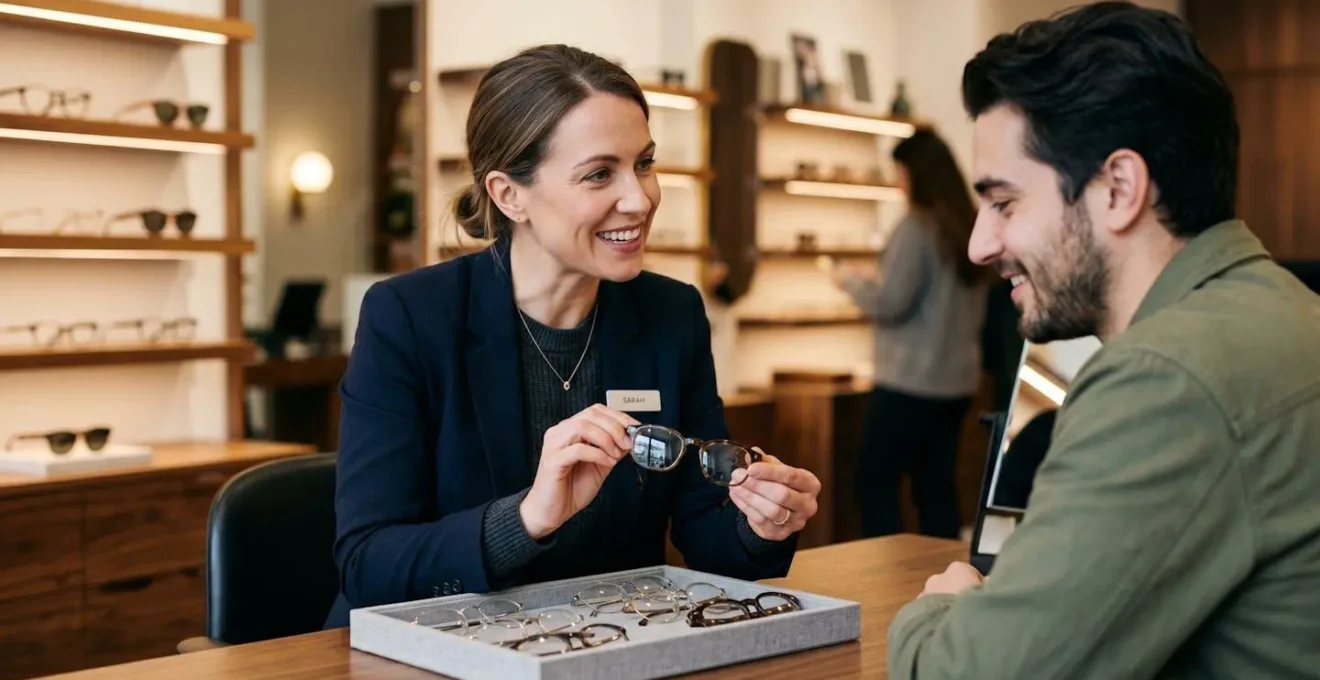 Opticien présentant différentes montures de lunettes dans un magasin moderne