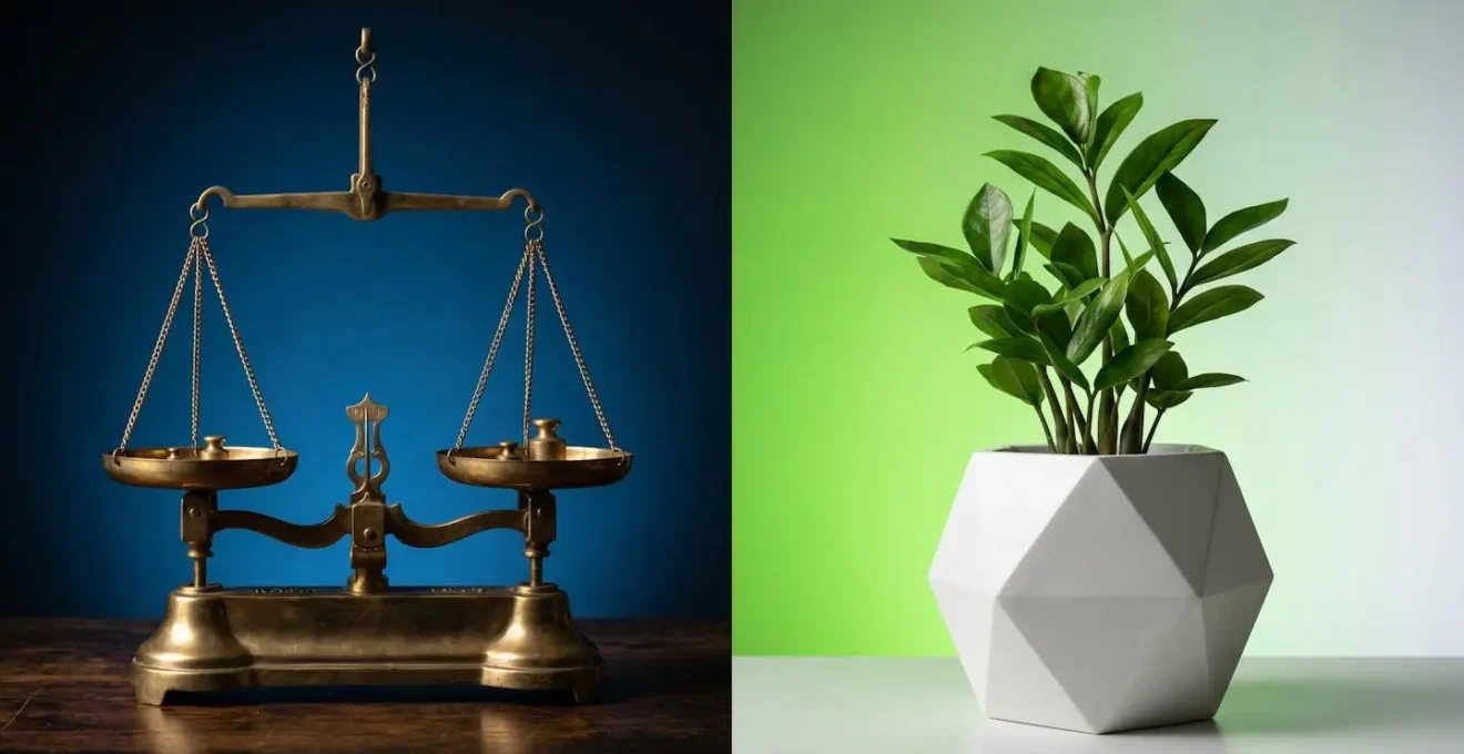 Métaphore visuelle opposant stabilité et croissance avec une balance ancienne à gauche et une plante en pleine croissance à droite