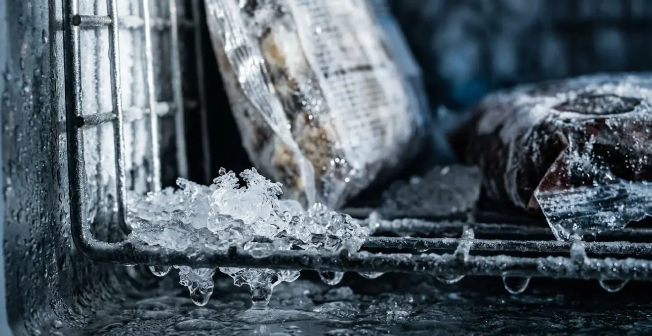 Vue macro d'un congélateur ouvert montrant des textures de givre et de glace fondante