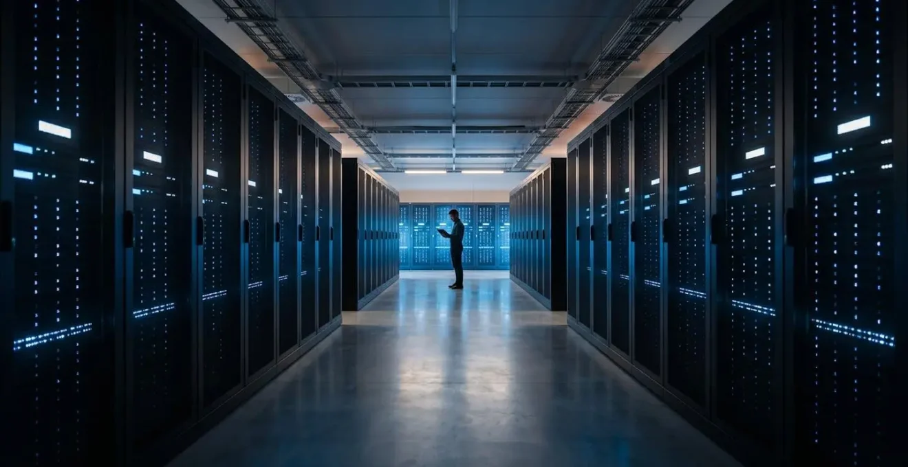 Consultant informatique travaillant sur la sécurisation de serveurs dans une salle informatique moderne