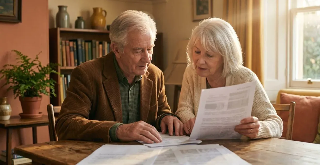 Couple de seniors examinant calmement des documents financiers dans un salon lumineux