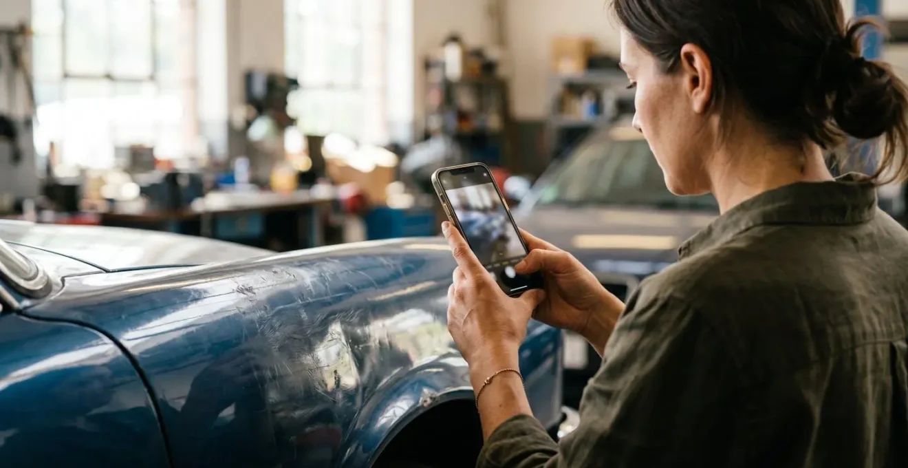 Personne photographiant des dégâts sur une voiture avec son smartphone pour déclaration de sinistre