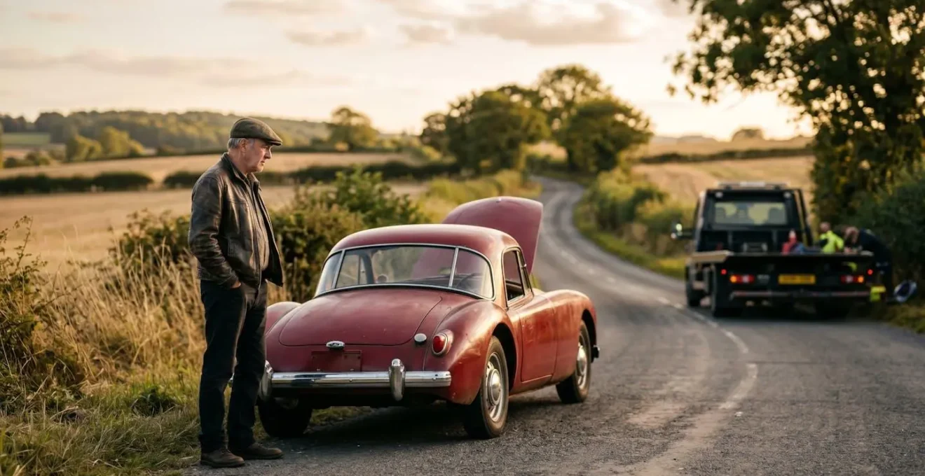 Voiture ancienne en panne sur une route de campagne avec dépanneuse spécialisée