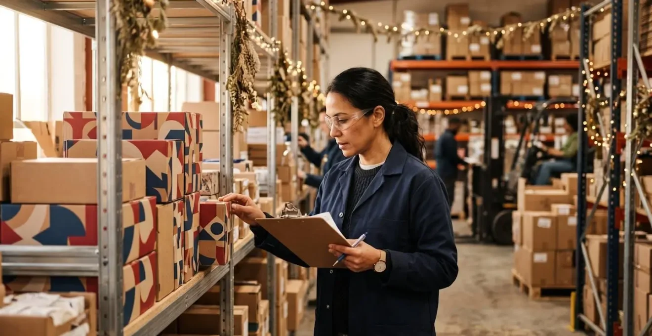 Entrepôt commercial pendant la période de pic saisonnier avec stock augmenté