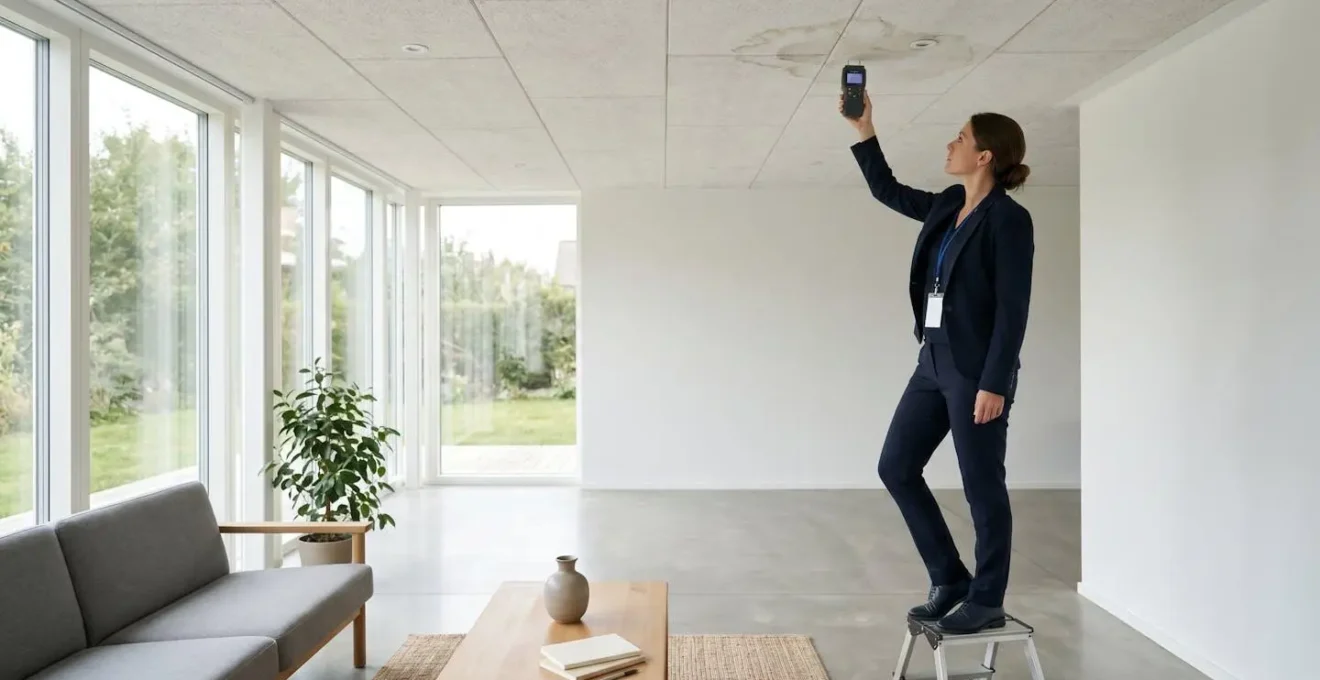Expert en assurance inspectant minutieusement un plafond endommagé par l'eau dans un salon minimaliste