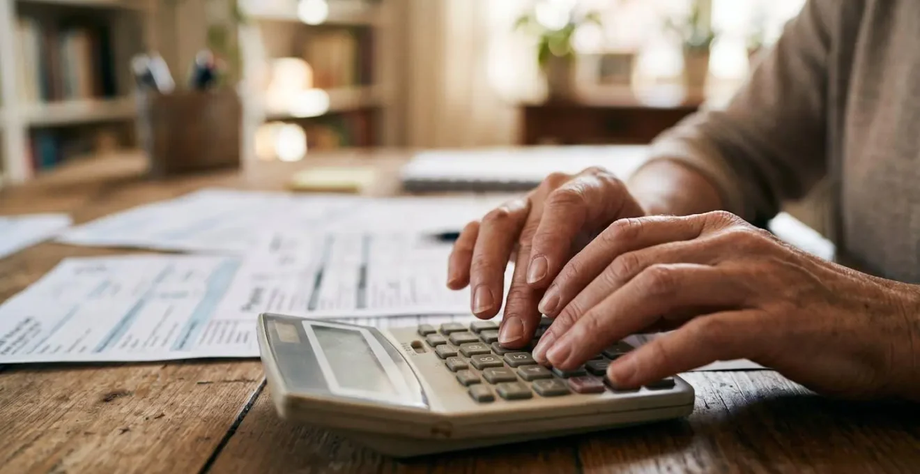 Gros plan sur des mains calculant un budget avec des documents financiers flous en arrière-plan