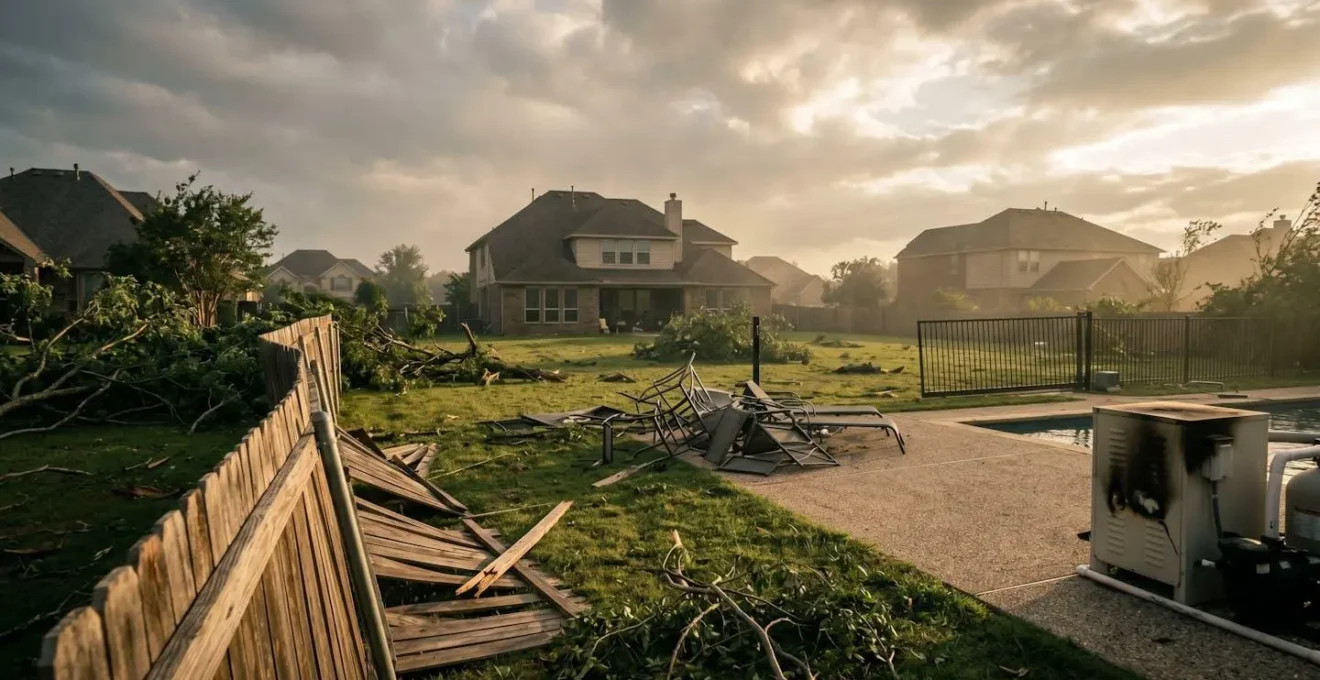 Vue d'un jardin après un orage violent, montrant des branches cassées et un portail électrique endommagé