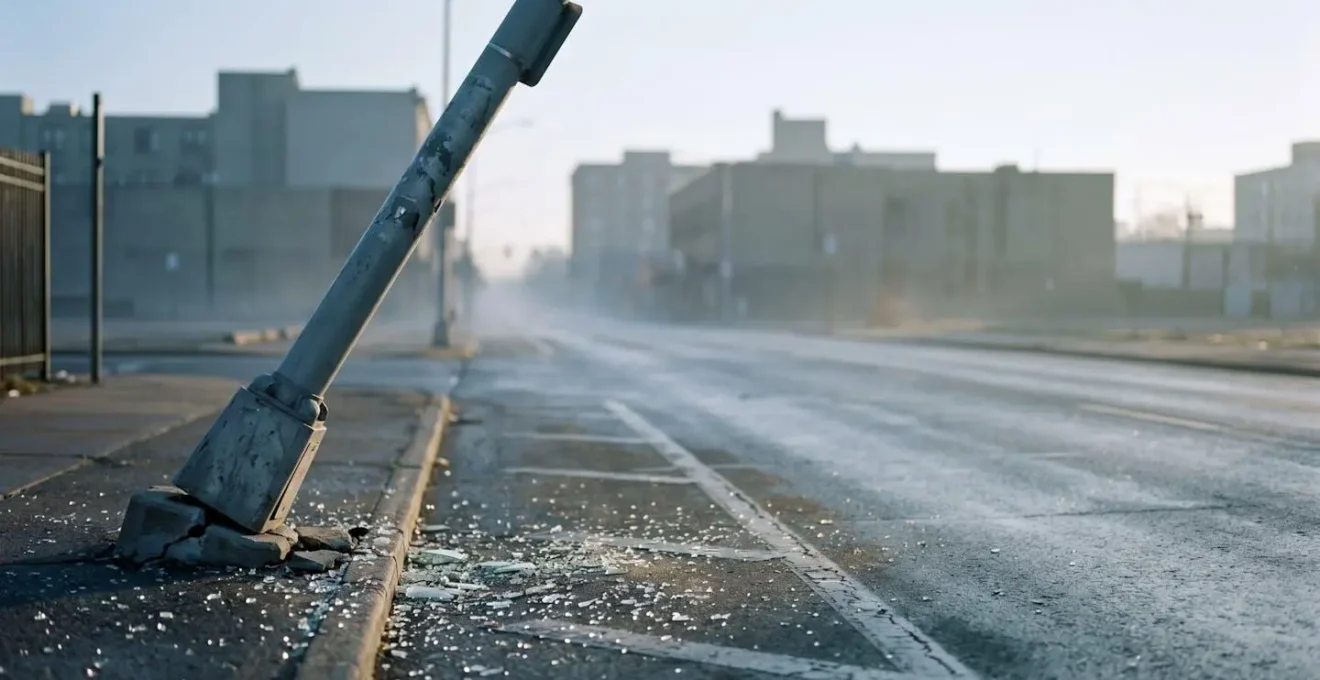 Lampadaire urbain endommagé suite à une collision automobile