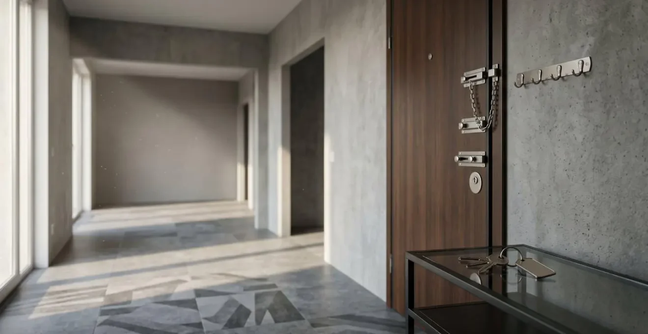 Appartement moderne vide avec clés sur une table et portes sécurisées