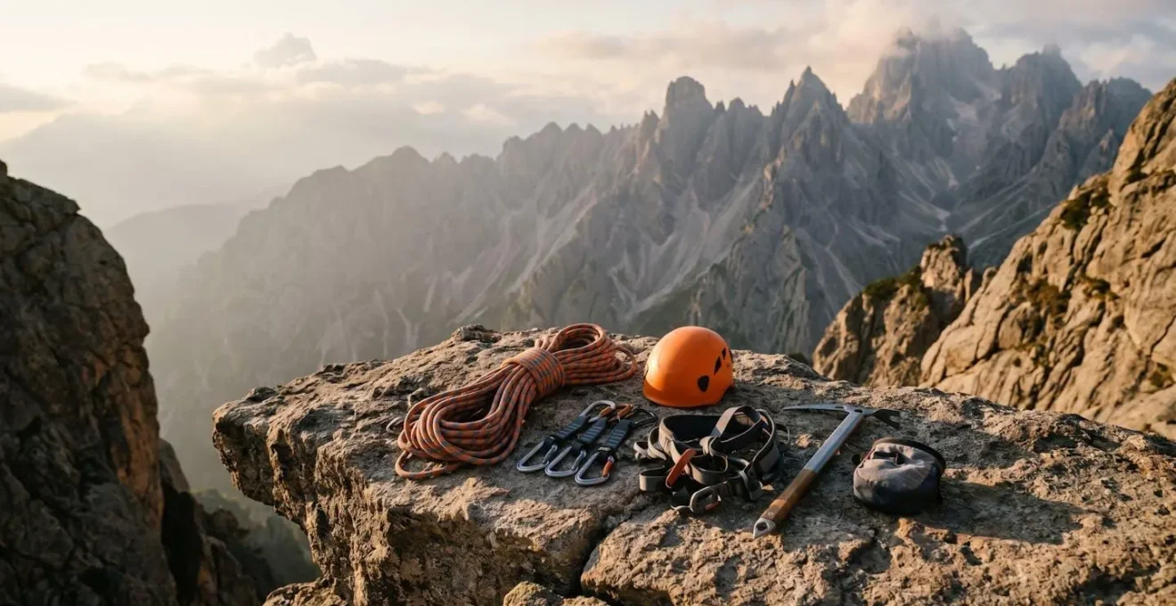 Équipement de montagne professionnel disposé sur une surface rocheuse naturelle