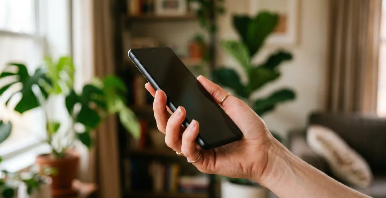 Main tenant un smartphone avec interface moderne d'assurance, environnement épuré