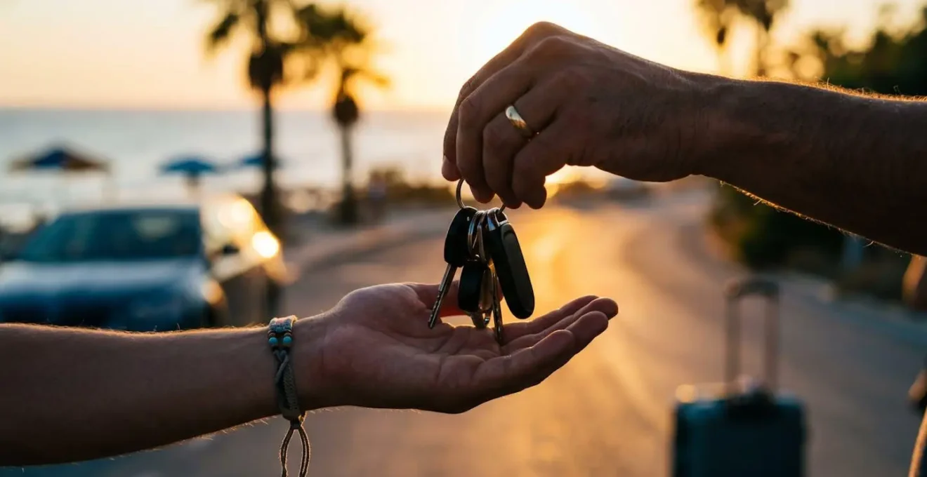 Échange de clés de voiture entre deux mains, arrière-plan flou d'une route de vacances ensoleillée