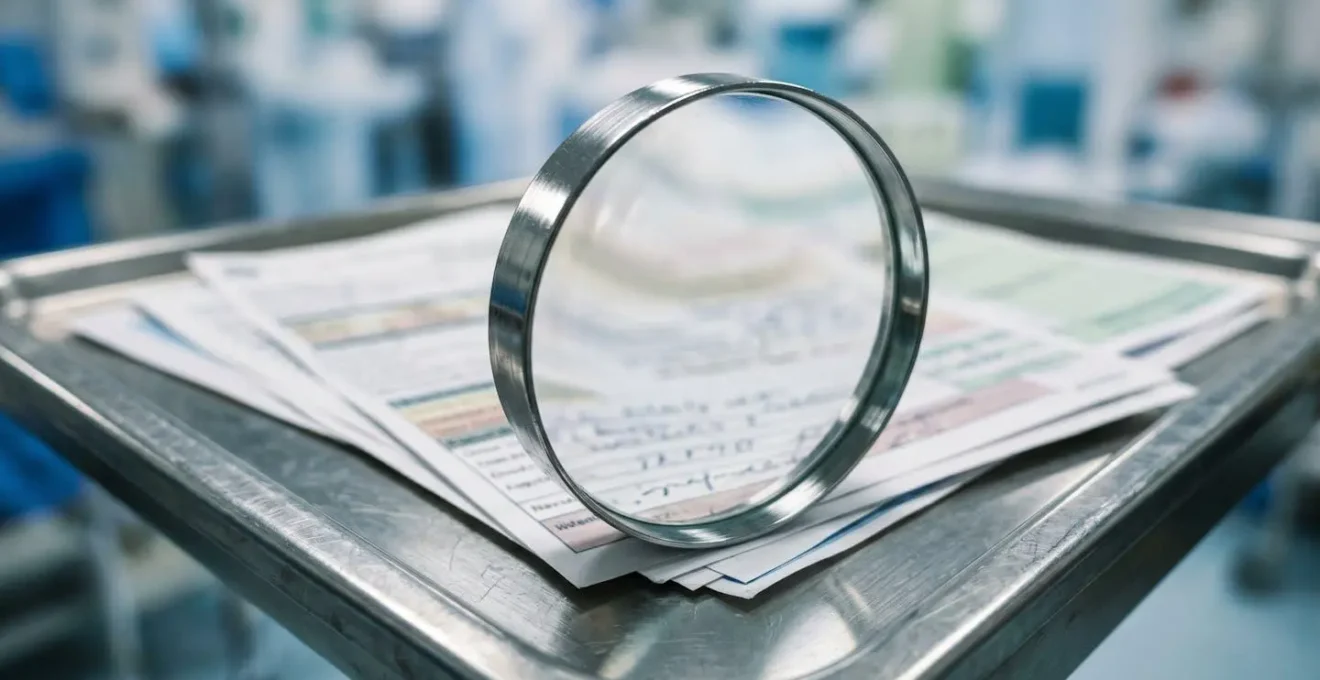 Table d'expertise médicale avec dossiers et microscope pour l'analyse des causes de décès