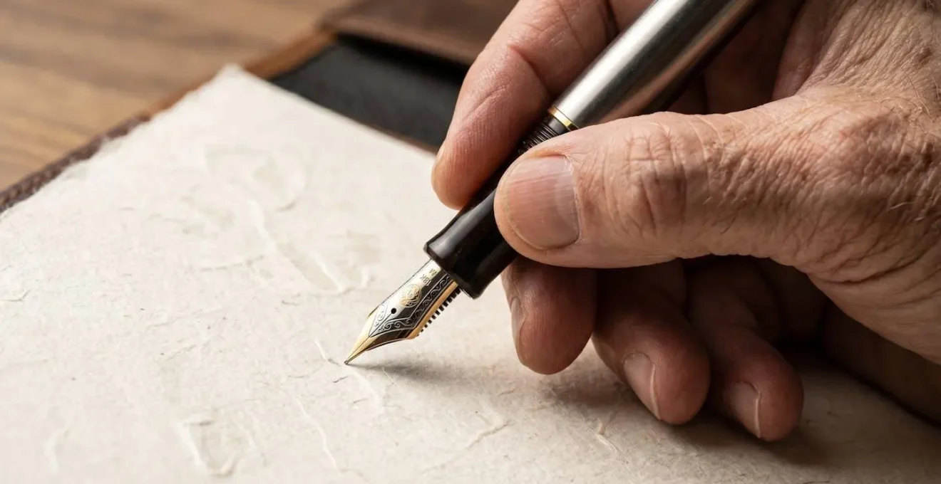 Personne écrivant avec un stylo plume sur des documents officiels dans un bureau notarial