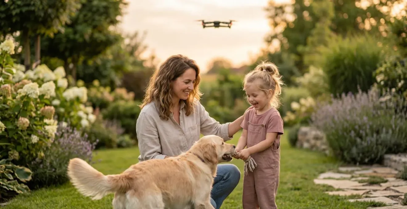 Scène familiale dans un jardin avec enfant, chien et drone volant en arrière-plan