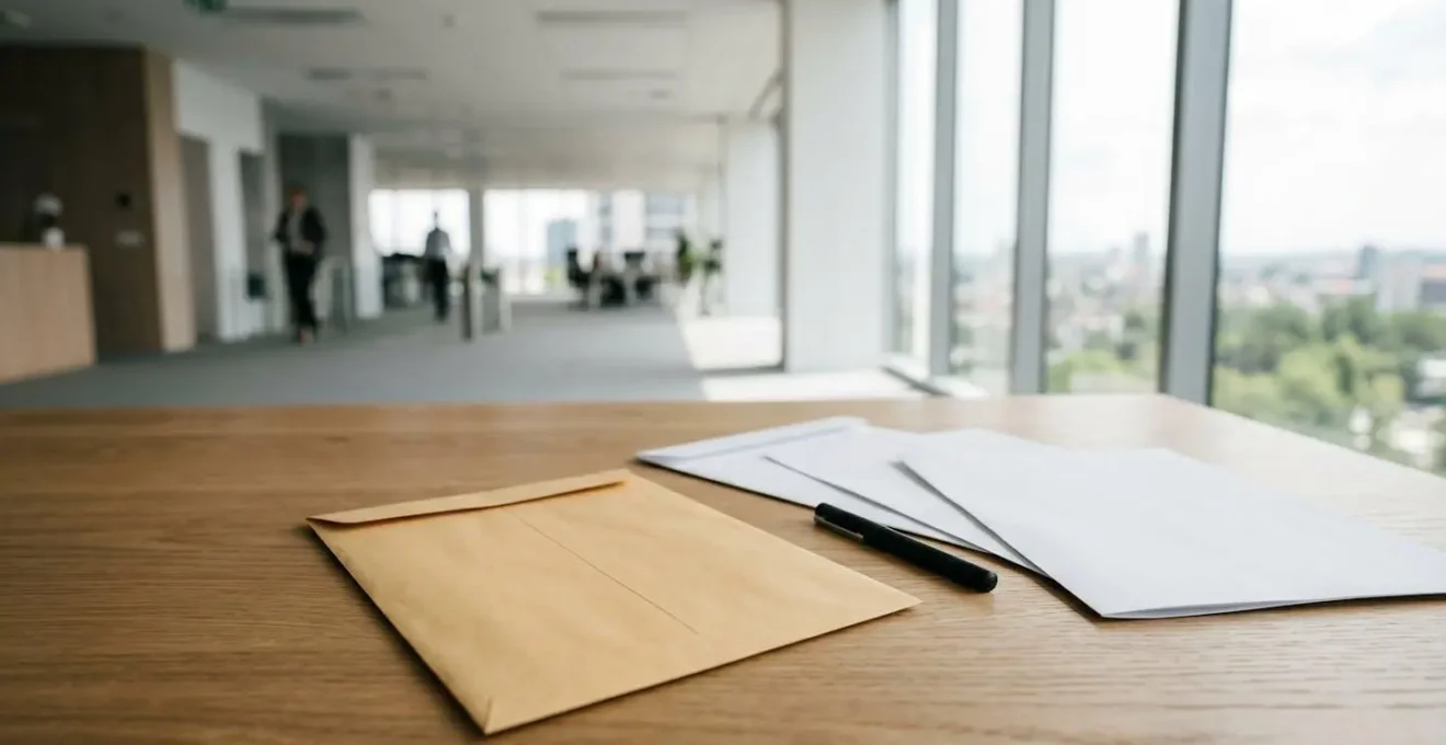 Bureau moderne avec documents officiels et enveloppe recommandée posés sur table en bois