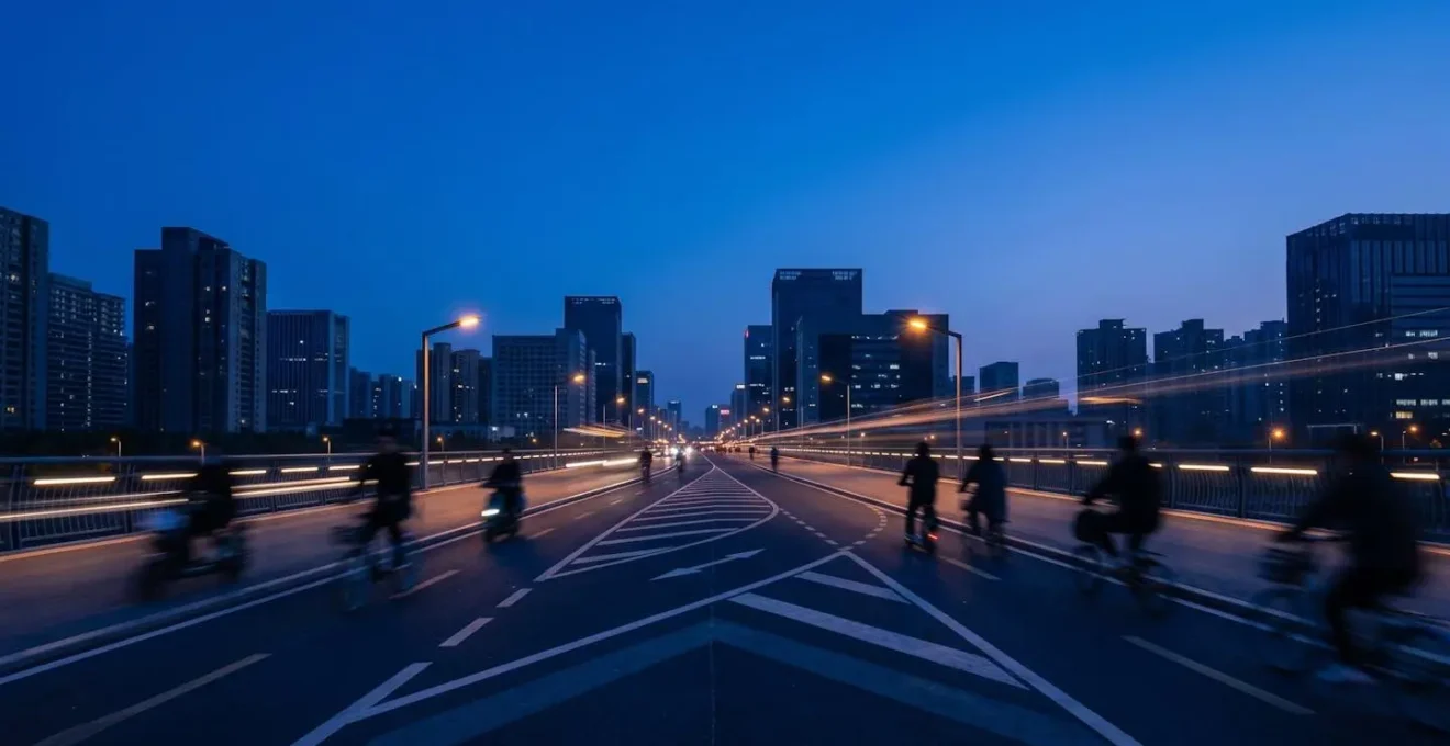 Vue large d'une piste cyclable urbaine au crépuscule avec silhouettes floues de mobilités douces