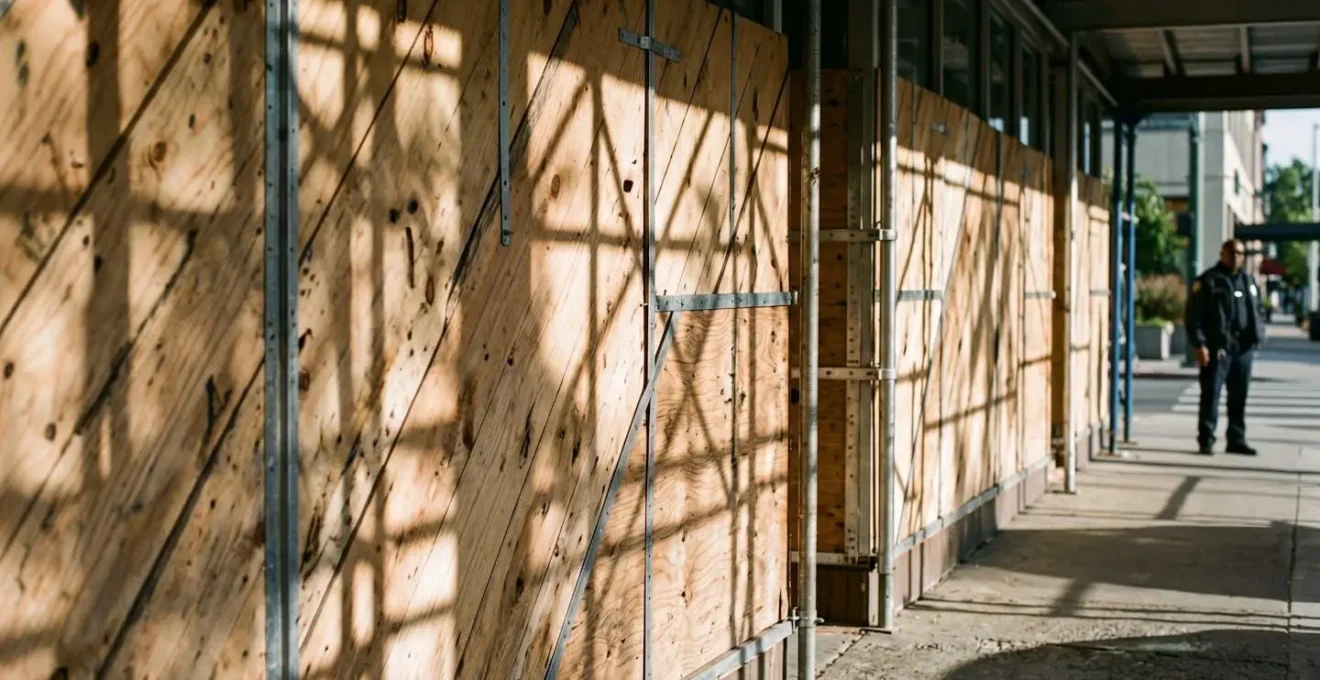 Façade commerciale avec vitrine sécurisée temporairement après dégradation