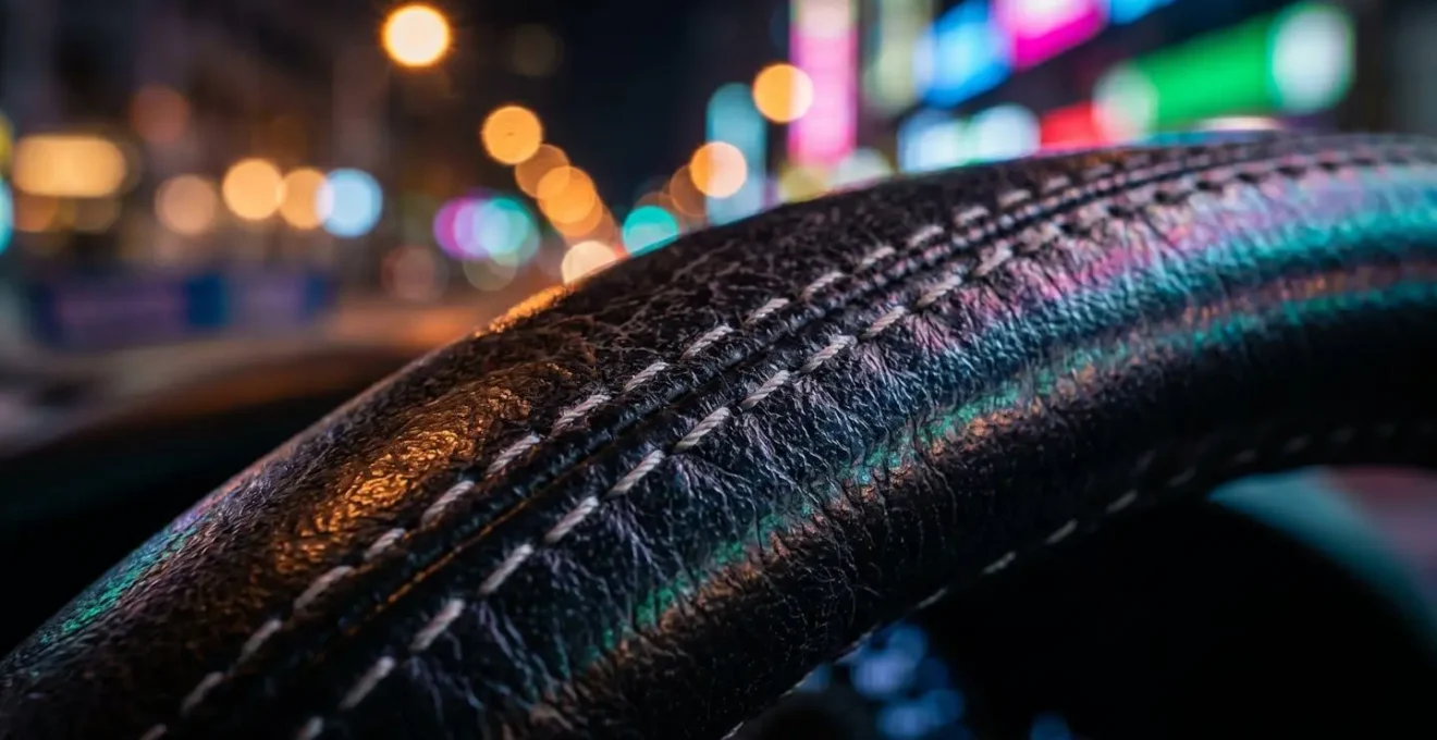 Vue macro sur volant de voiture avec reflets de lumières urbaines nocturnes